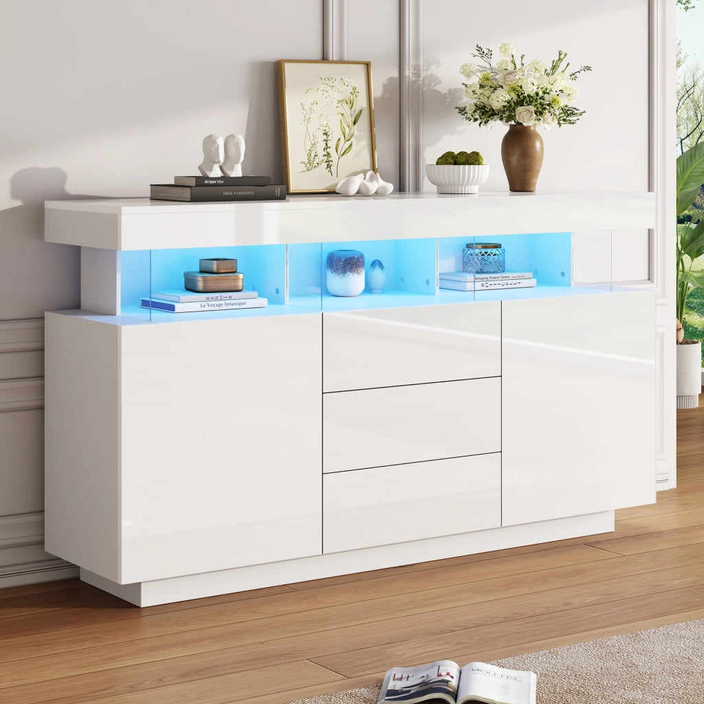 Mobile TV moderno - Zephmum- 140x35x80cm- Bianco- Lucido, bar caff¨¨, striscia LED 16 colori