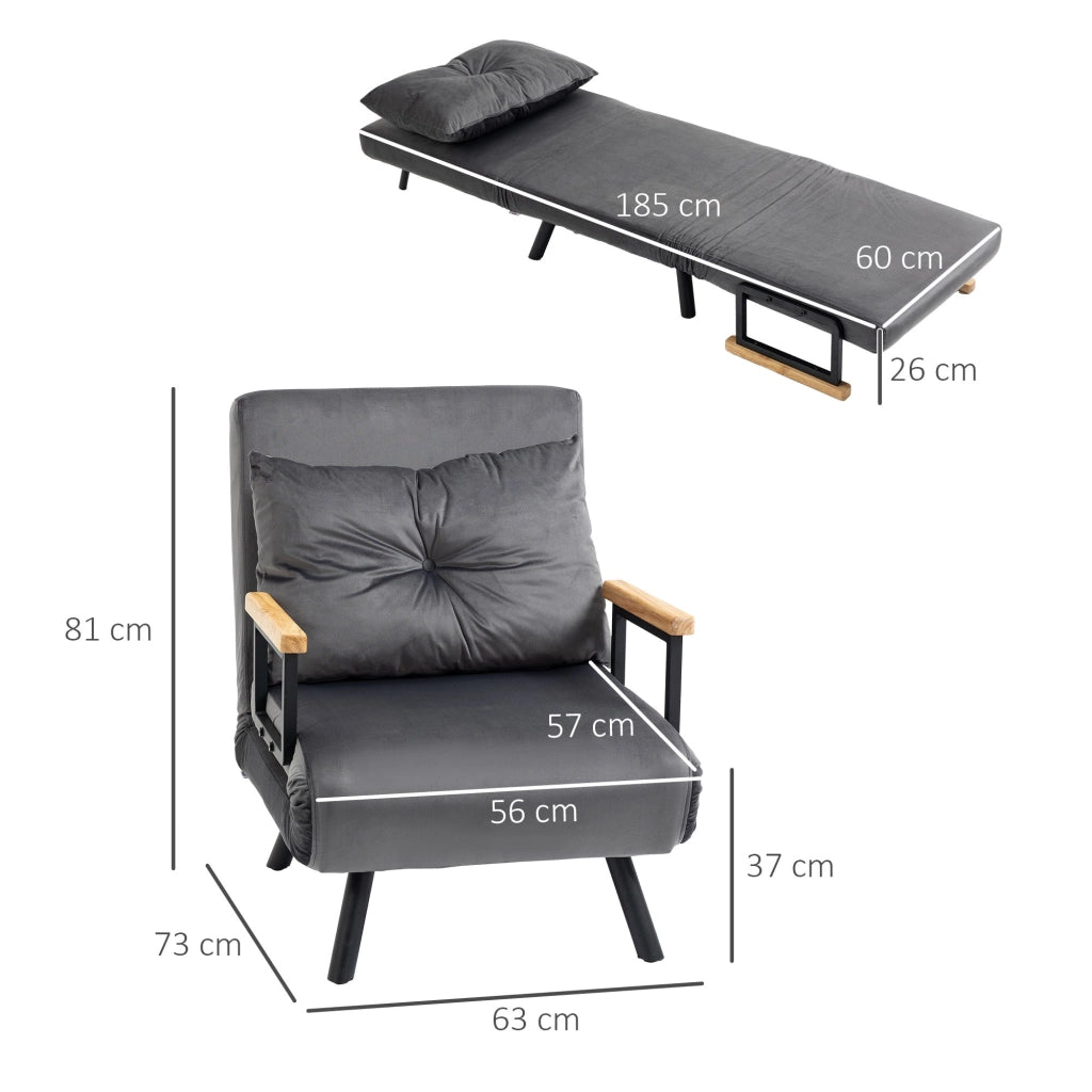 Poltrona Letto Singolo Trasformabile 63x73x81 cm in Tessuto Effetto Velluto Grigio Scuro