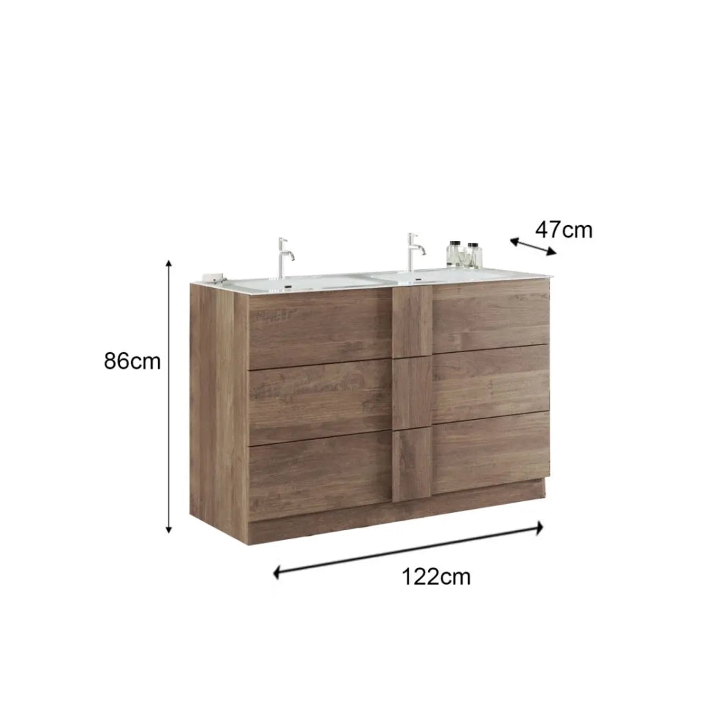 Mobile da bagno con due lavandini e 3 cassetti, collezione FRASSI. Colore rovere chiaro.