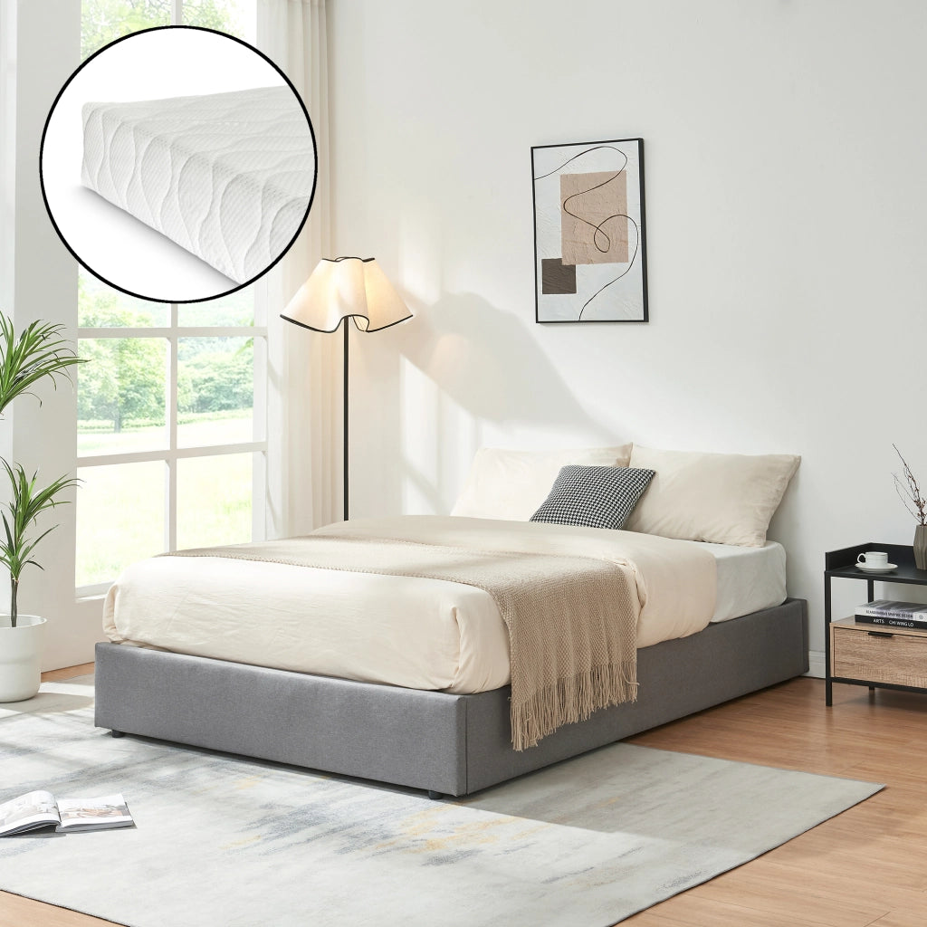 Letto Francese Contenitore Nola 140x200 cm con Materasso Apertura a Ribalta Rivestito in Tessuto Lino - Grigio [en.casa]