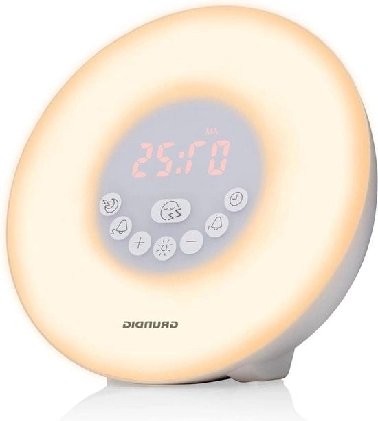 Luce svegliatrice con simulazione dell'alba - Alarme digitale con 10 suoni naturali e illuminazione a colori - Inclusa funzione di pausa e timer