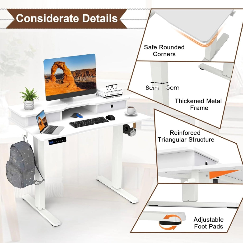 Scrivania regolabile in altezza, scrivania elettrica con supporto per monitor, 2 cassetti, 2 ganci, piccolo tavolo per computer con altezza regolabile di 73-122 cm, per studio e ufficio