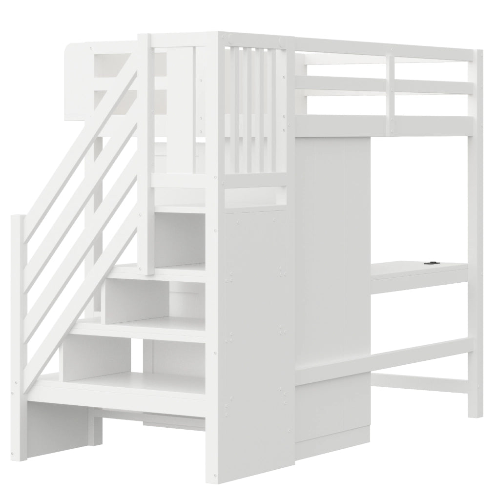 Letto a soppalco ULEVR 90x200 cm con scrivania, armadio, LED e prese integrate, bianco