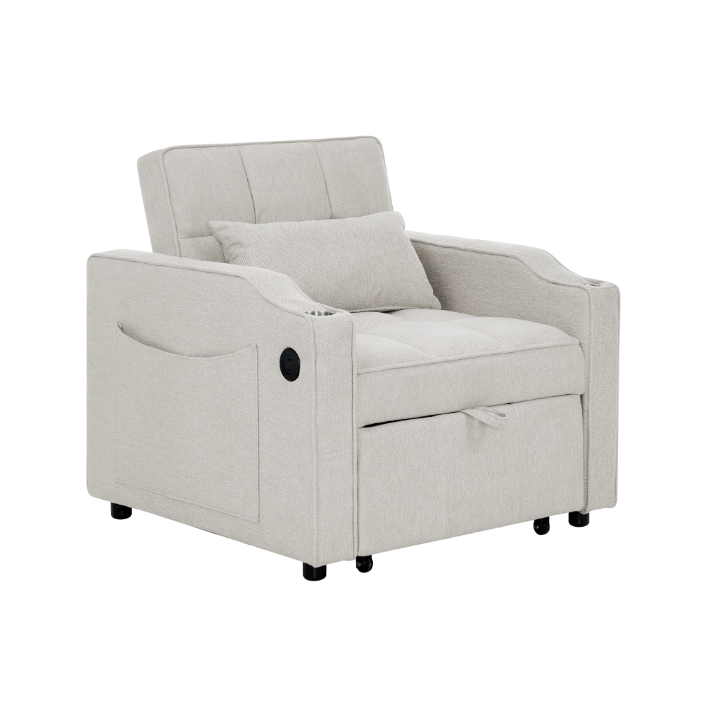 Divano letto 3 in 1 - con schienale regolabile; porta USB e porta bicchieri - in legno e tessuto - beige