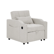 Divano letto 3 in 1 - con schienale regolabile; porta USB e porta bicchieri - in legno e tessuto - beige