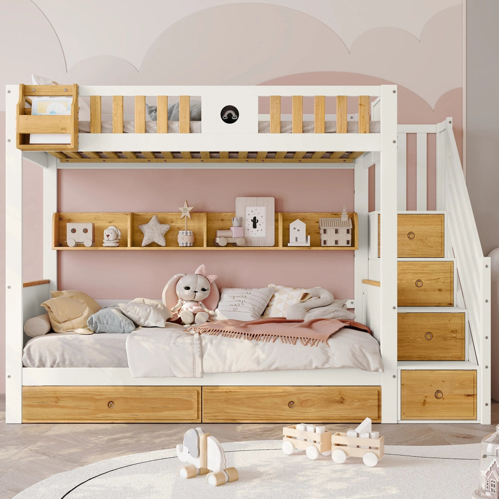 LETTO A CASTELLO con scala contenitore 90x200 cm legno e MDF bianco/naturale