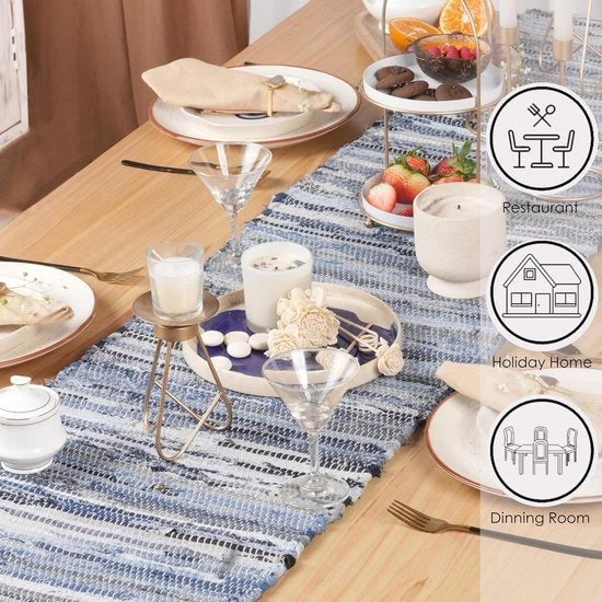 Tavola da Cucina in Tela di Cotone 100% Blu - 36x183 cm