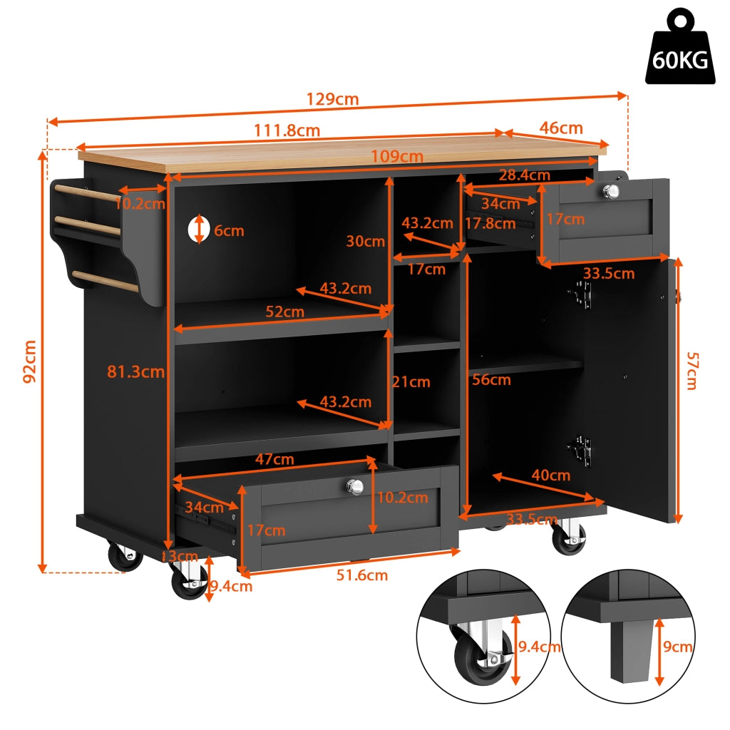Carrello da cucina mobile - Zephmum - 129x46x92 cm - Nero - Con cassetti e ripiani