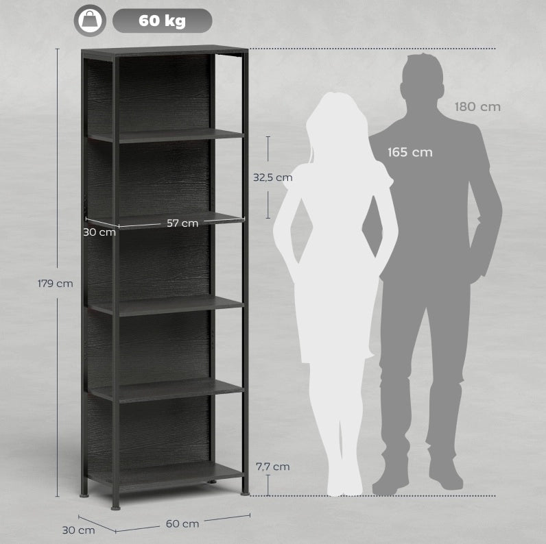 Libreria nera a 5 ripiani con LED a 7 colori, 60 x 30 x 179 cm