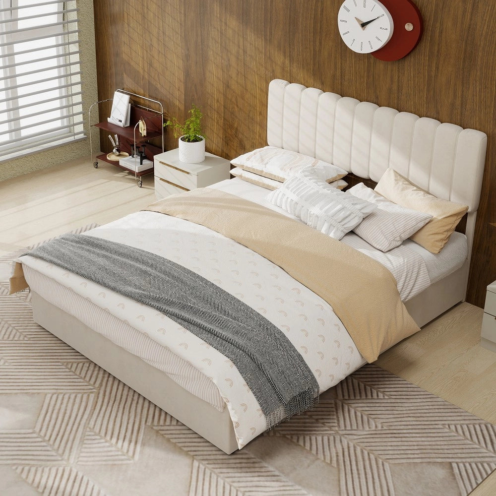 Letto Contenitore Imbottito 140x200 ¨C Xylo ¨C Beige, Testiera, Meccanismo Idraulico