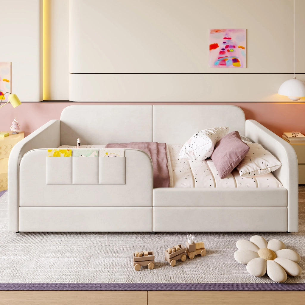 Letto a Divanetto 90x200 cm; Letto Singolo - 2 Cassetti e 3 Tasche - Velluto Bianco
