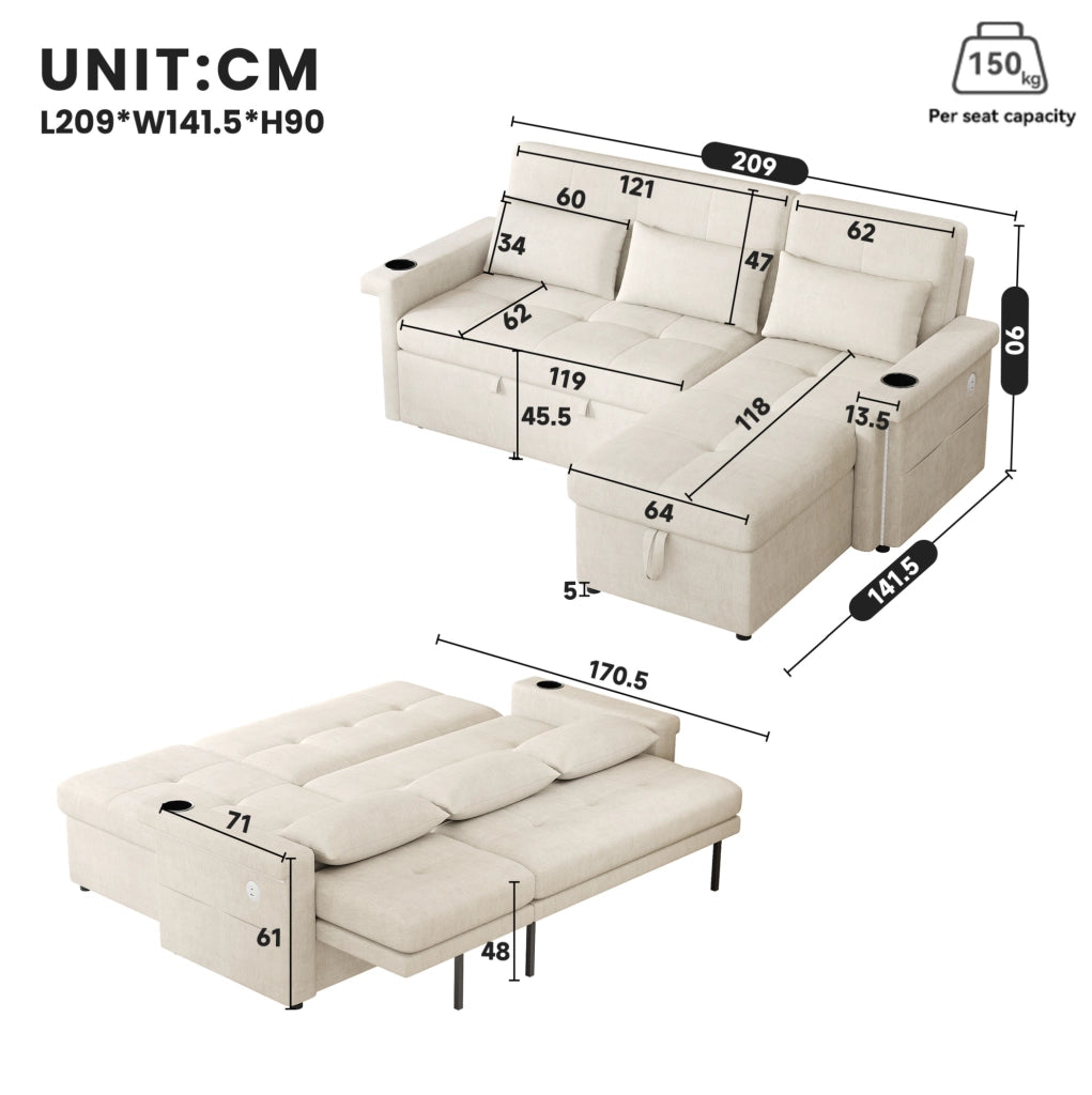 Divano letto angolare 209x141;5x90 cm in ciniglia beige con LED; USB/USB-C e contenitore