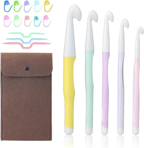 Set di uncino per maglia ergonomico - 5 dimensioni con accessori e borsa in feltro, ideale per lana spessa e progetti versatili.