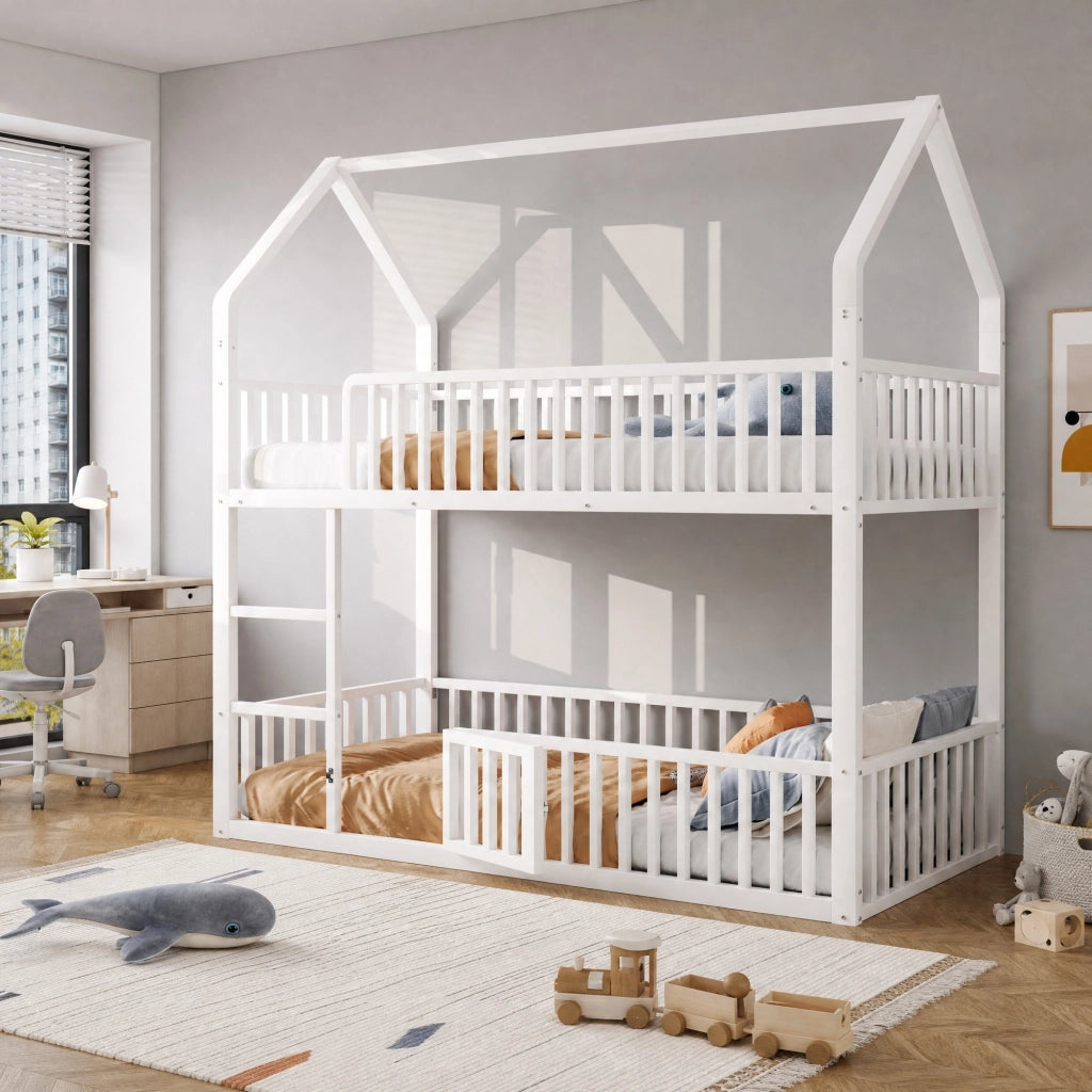 Letto a castello in metallo 90x200 cm bianco con scala frontale e porta apribile, design a casetta