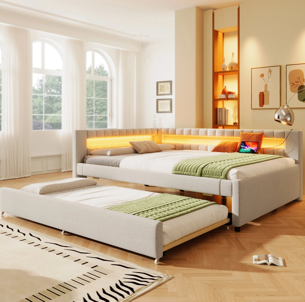 Letto 140x200 cm con LED e letto estraibile; USB e Type-C in lino beige