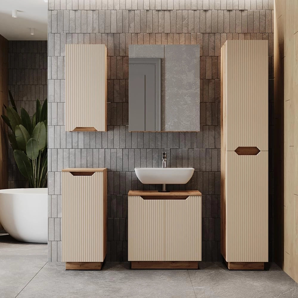 Set di mobili da bagno Lotta, Rovere/cashmere a righe, 3 parti