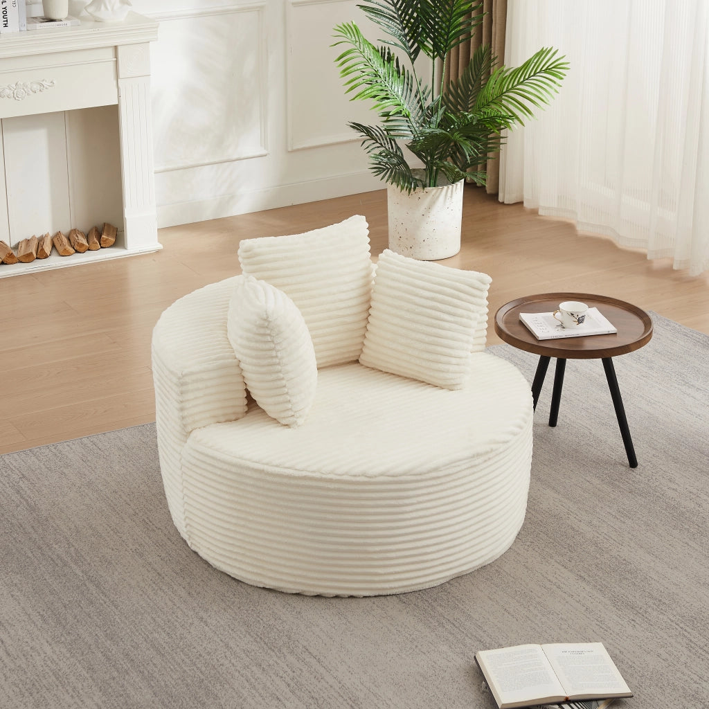 POLTRONA tonda 110 cm in velluto a coste beige con 3 cuscini