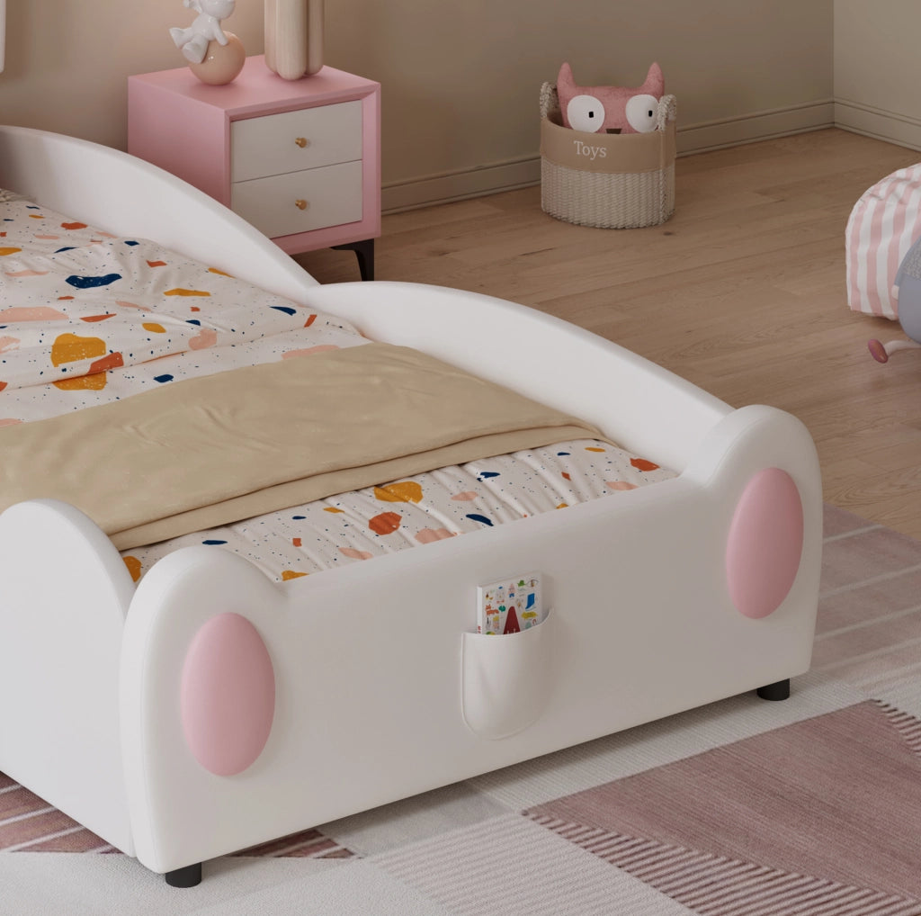 Letto singolo imbottito per bambini con scivolo, scaletta e testiera a coniglietto
