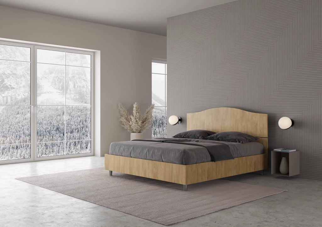 Letto Matrimoniale 160x200 cm con Rete e Contenitore Alzata Comoda Testata Sagomata Dores Quercia