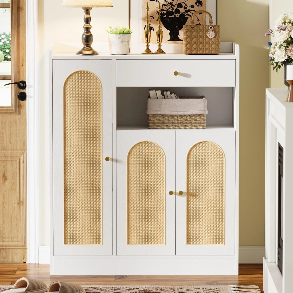 Mobile portascarpe moderno in rattan con 3 ante, 1 cassetto e ripiani regolabili, struttura in MDF/ truciolare, 90 x 35 x 110 cm, bianco/naturale