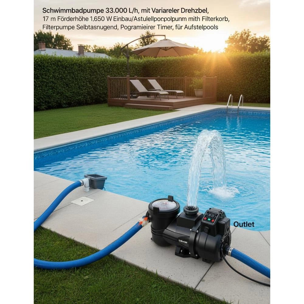 Swimming Pool Pump 33.000 L/h, With Variable Speed, 17 M Delivery Head, 1.650 W, Built-in/above-ground Pool Pump With Filter Basket, Self-priming Filter Pump, Programmable Timer, For Above-ground Pools