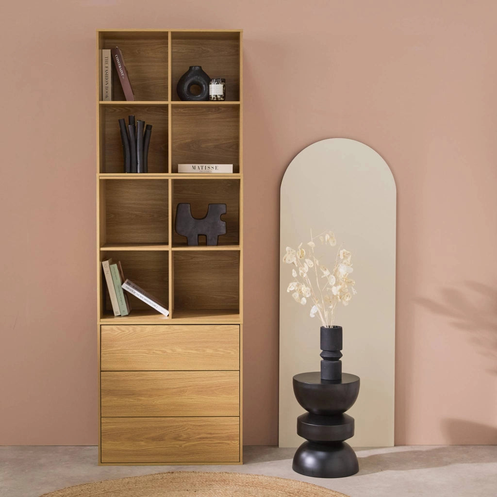Libreria modulare in legno, 3 cassetti 8 vani, quercia