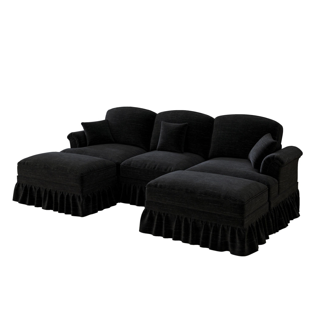 Divano Modulare U a 5 Posti in Chenille con Poggiapiedi ¨C Xylo ¨C Nero, Gambe a Fuso