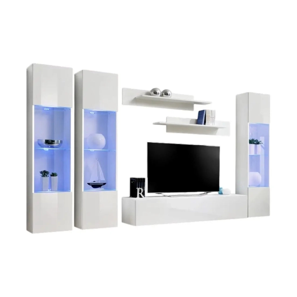Mobile TV FLY C3 design, colore bianco lucido. Mobile sospeso moderno e alla moda per il tuo soggiorno.