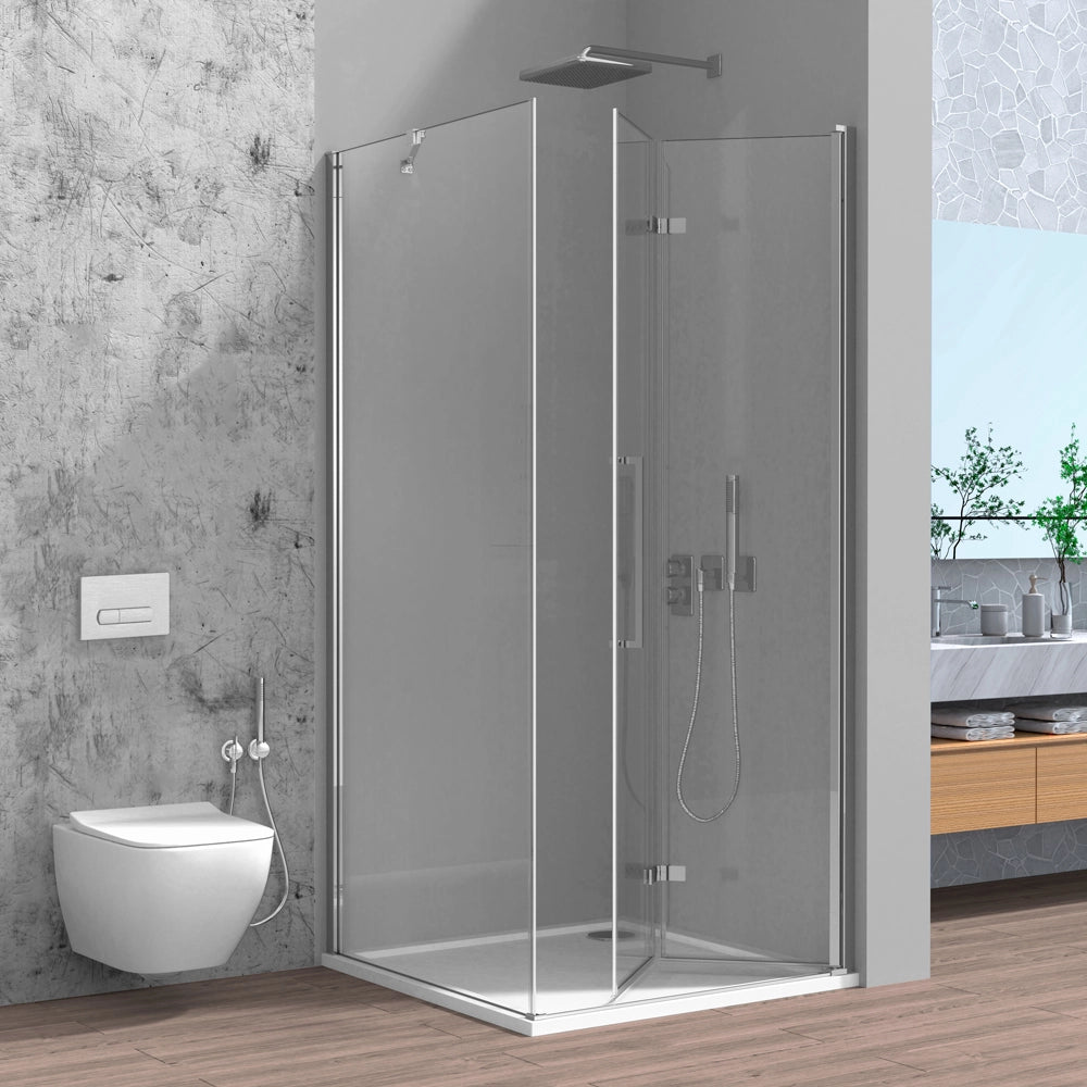 Box doccia angolare a soffietto 80x80 in vetro temperato trasparente con profili cromo Neos