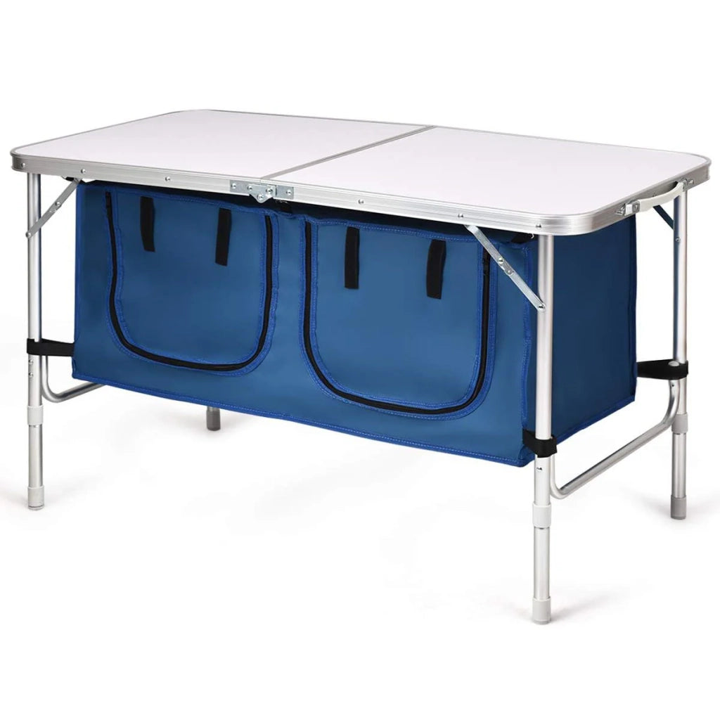 Tavolo da campeggio pieghevole 120 x 60 x 54/71 cm 2 altezze regolabili design multifunzionale alluminio blu 20_0013915