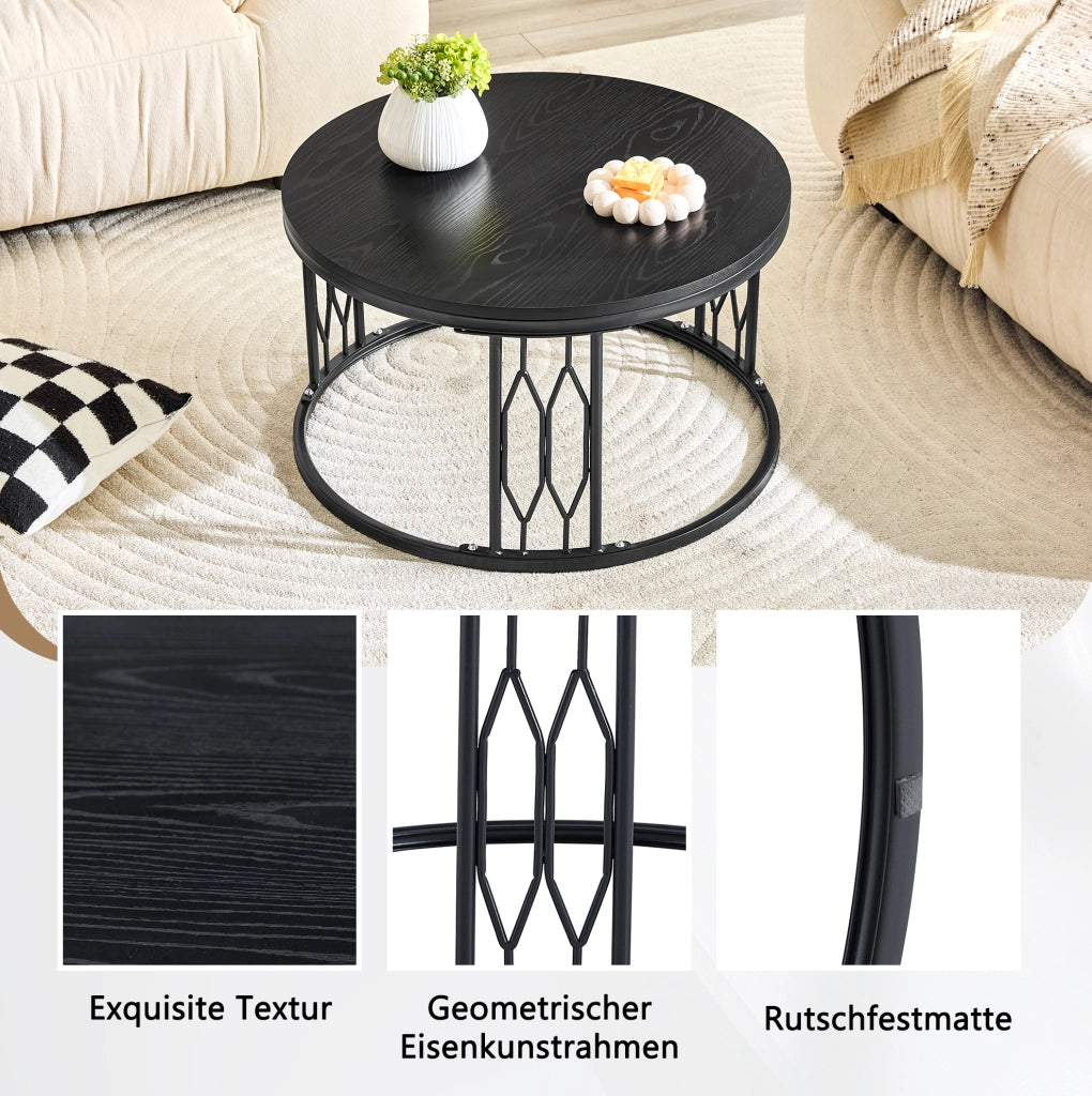 Tavolino da caffè rotondo ?70 cm in MDF effetto legno e metallo nero