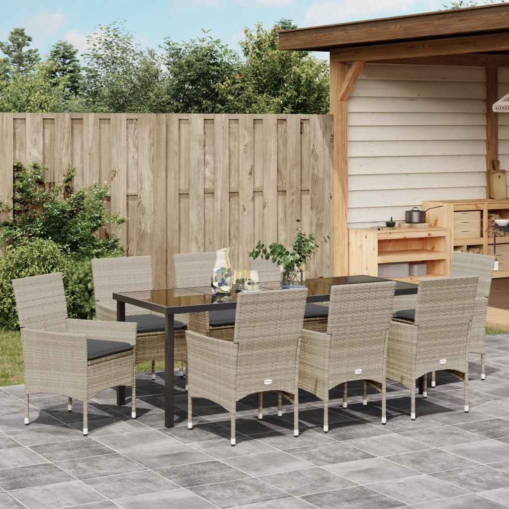 Set da Pranzo da Giardino da 9 Pezzi con Cuscini Grigio Chiaro in Rattan Poliestere