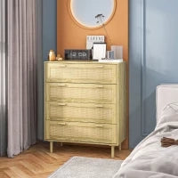 Mobile Cassettiera 4 Cassetti Stile Boho in Legno e Rattan, 90x45x108.5cm, Rovere