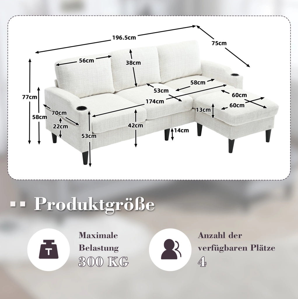 Divano 196.5x75x77 cm 4 posti con pouf contenitore; portabicchieri e tasche laterali in chenille beige