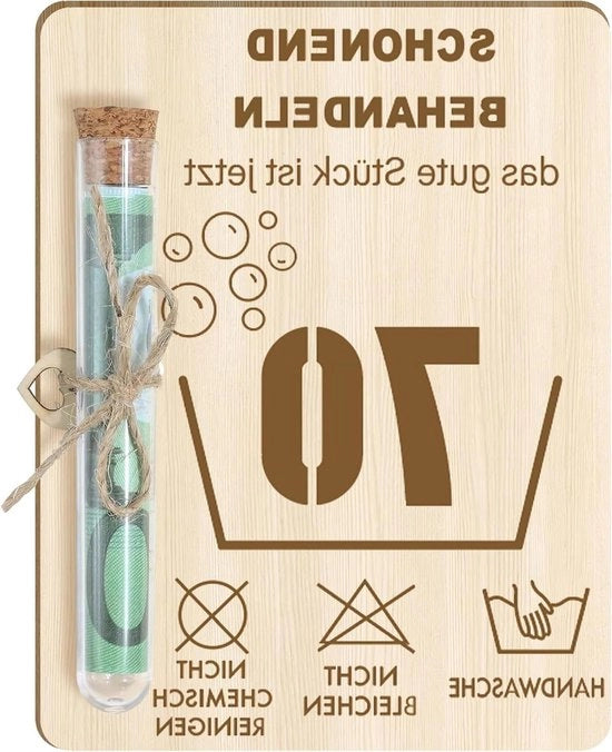 Dono di legno divertente per 70 anni con cartolina - uomo donna - settantenne - regalo festivo.