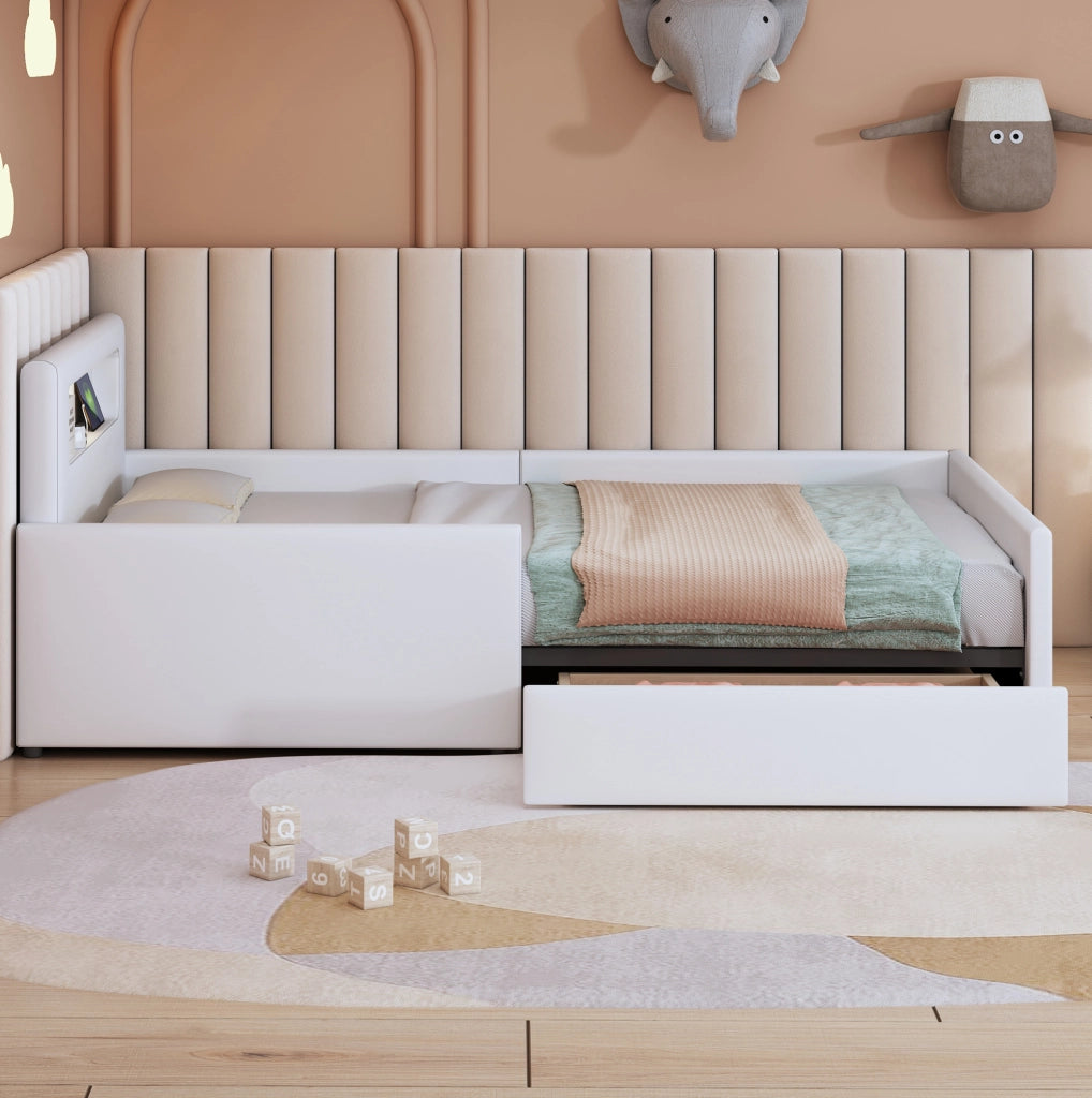 Letto imbottito bambini 90x200 cm; USB e luce notturna; cassetti; pelle sintetica; bianco