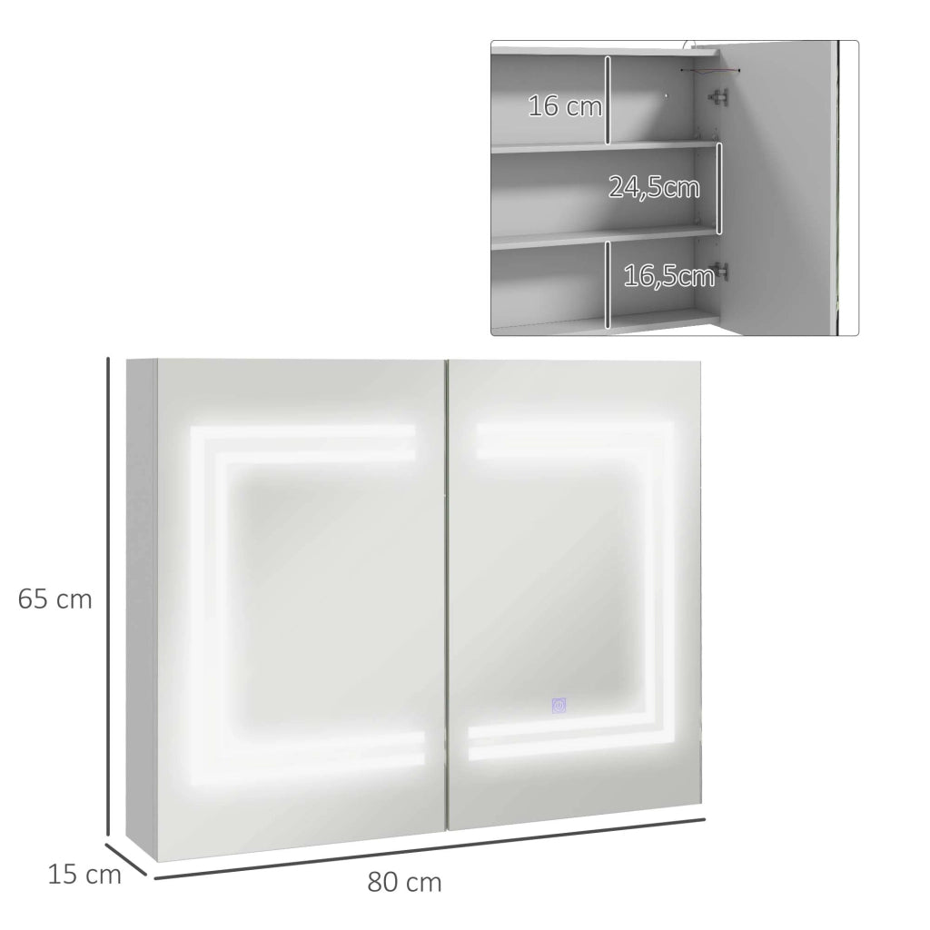 Armadietto Bagno Specchio con Ripiani Regolabili e Luce LED ¨C Zephmum ¨C Bianco 80x15x65 cm