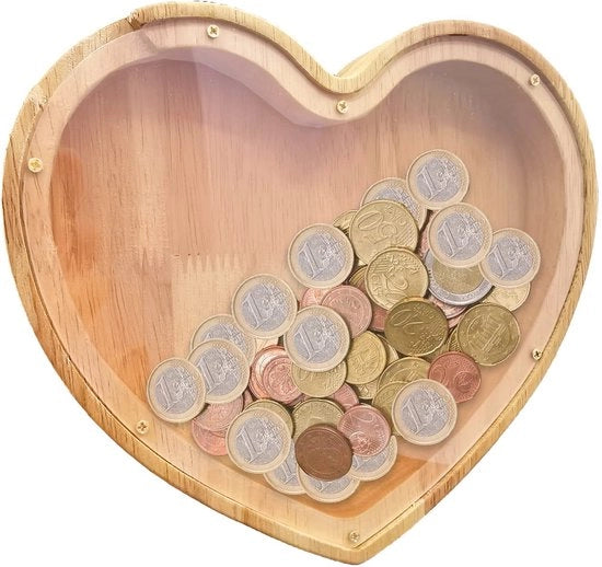 Contenitore di Risparmio in Legno - Forma del Cuore - Vetrata Translucida - Decorazione per Camera da Letto - Supporto per Monete - Adatto per Bambini - Contenitore di Risparmio