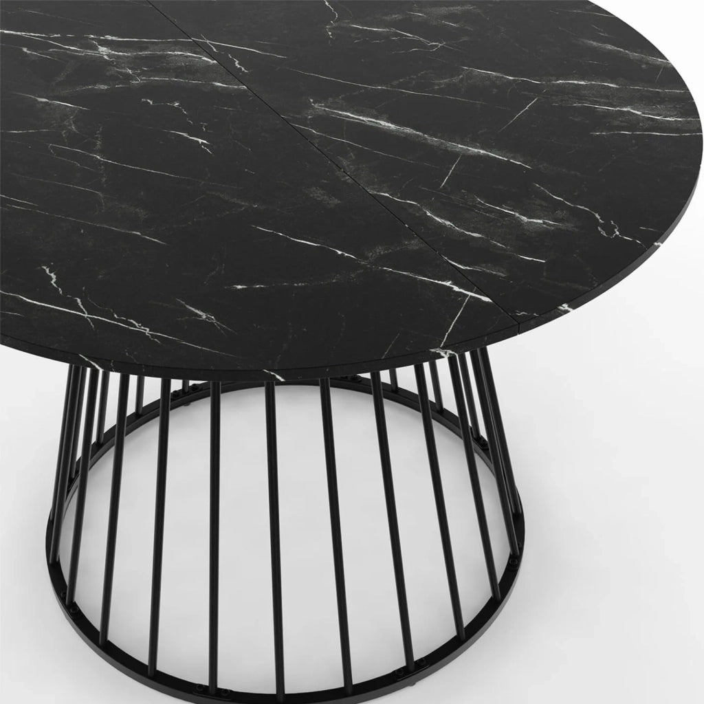IDMarket - Tavolo da pranzo rotondo per 6 persone YUNA con piano in marmo nero effetto ALASKA e gamba in filo metallico nero 110 cm