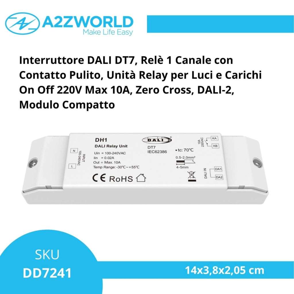 Interruttore DALI DT7, Relè 1 Canale con Contatto Pulito, Unità Relay per Luci e Carichi On Off 220V Max 10A, Zero Cross, DALI-2, Modulo Compatto