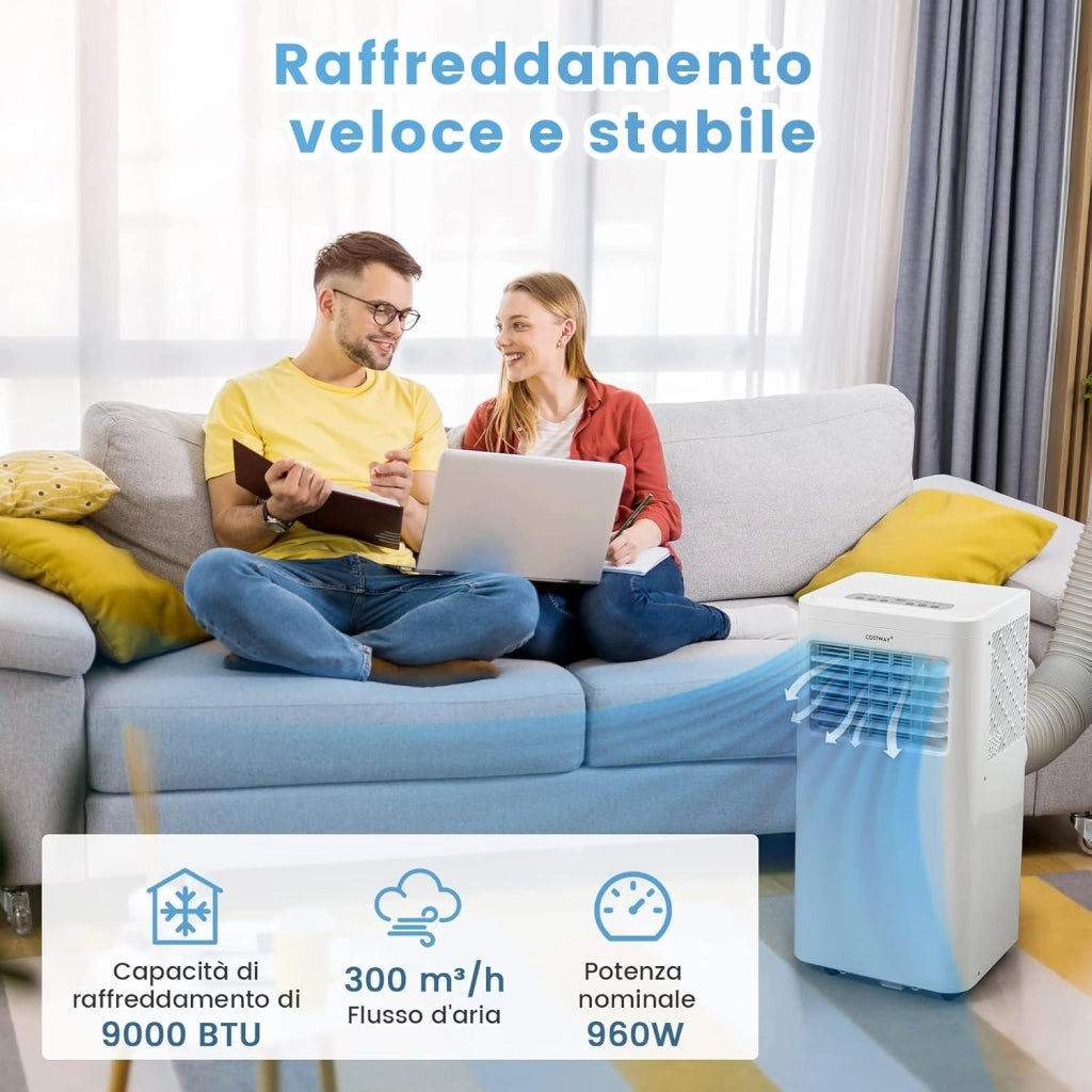 Condizionatore Portatile, 9000 BTU/2,5kW, 4 in 1 Con Raffreddamento, Ventola, Deumidificazione e Modalità Notturna, 24H Timer, Refrigerante R290 (9000BTU|20㎡+)
