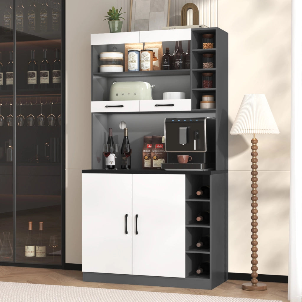 Credenza da cucina con LED, vano microonde e ripiani regolabili