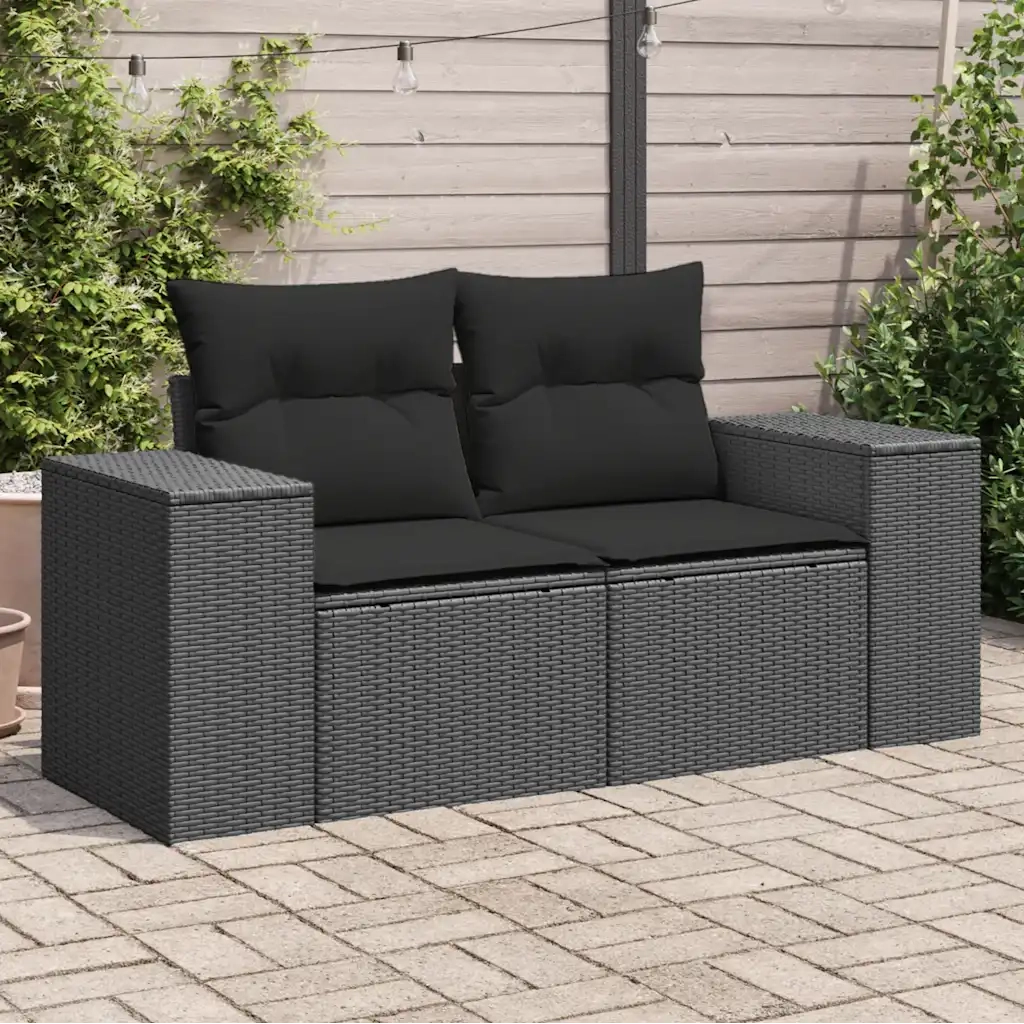 Divano da giardino con cuscini 2 posti nero in polyrattan 365974