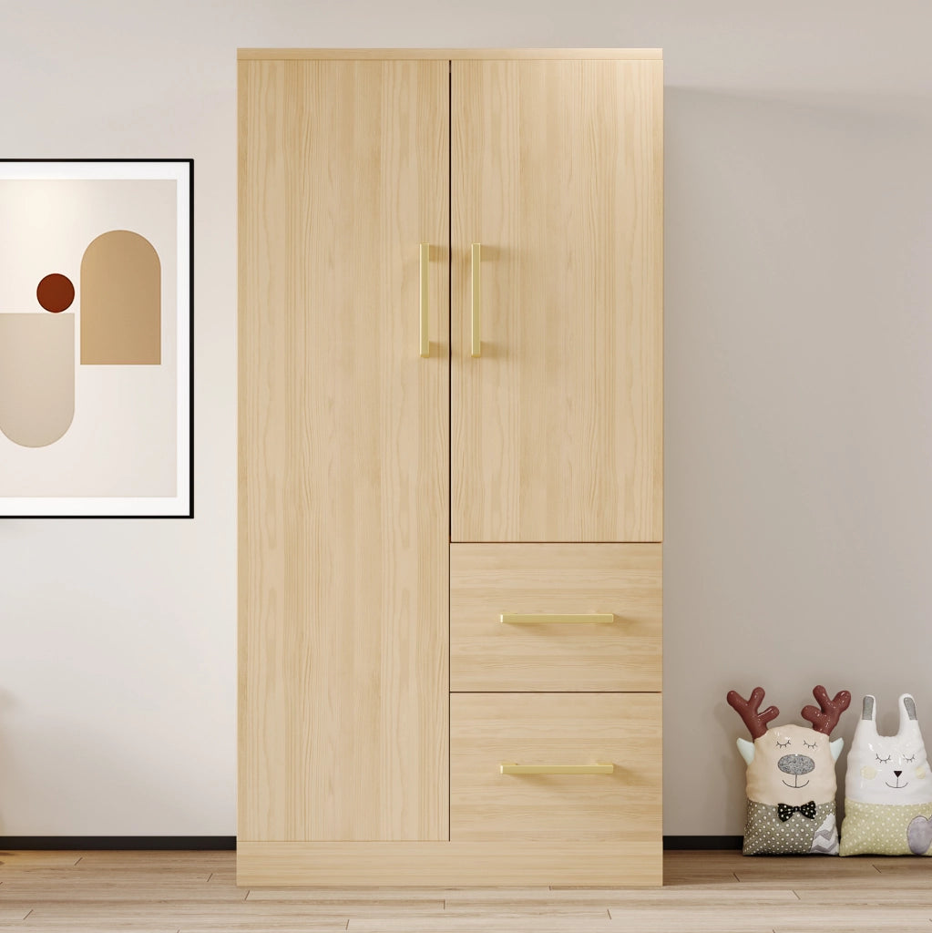 Armadio 70x40x135 cm con doppie ante; due cassetti e ampio spazio; legno naturale