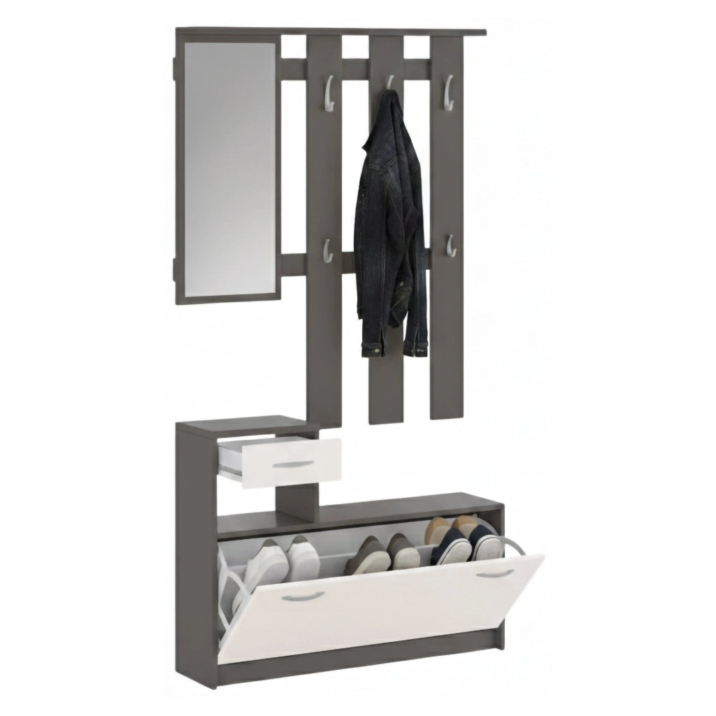 Mobile da ingresso Dazio, Entratina moderna con specchio, Mobile con scarpiera, Armadietto multifunzione, 100x25h180 cm, Bianco e Antracite
