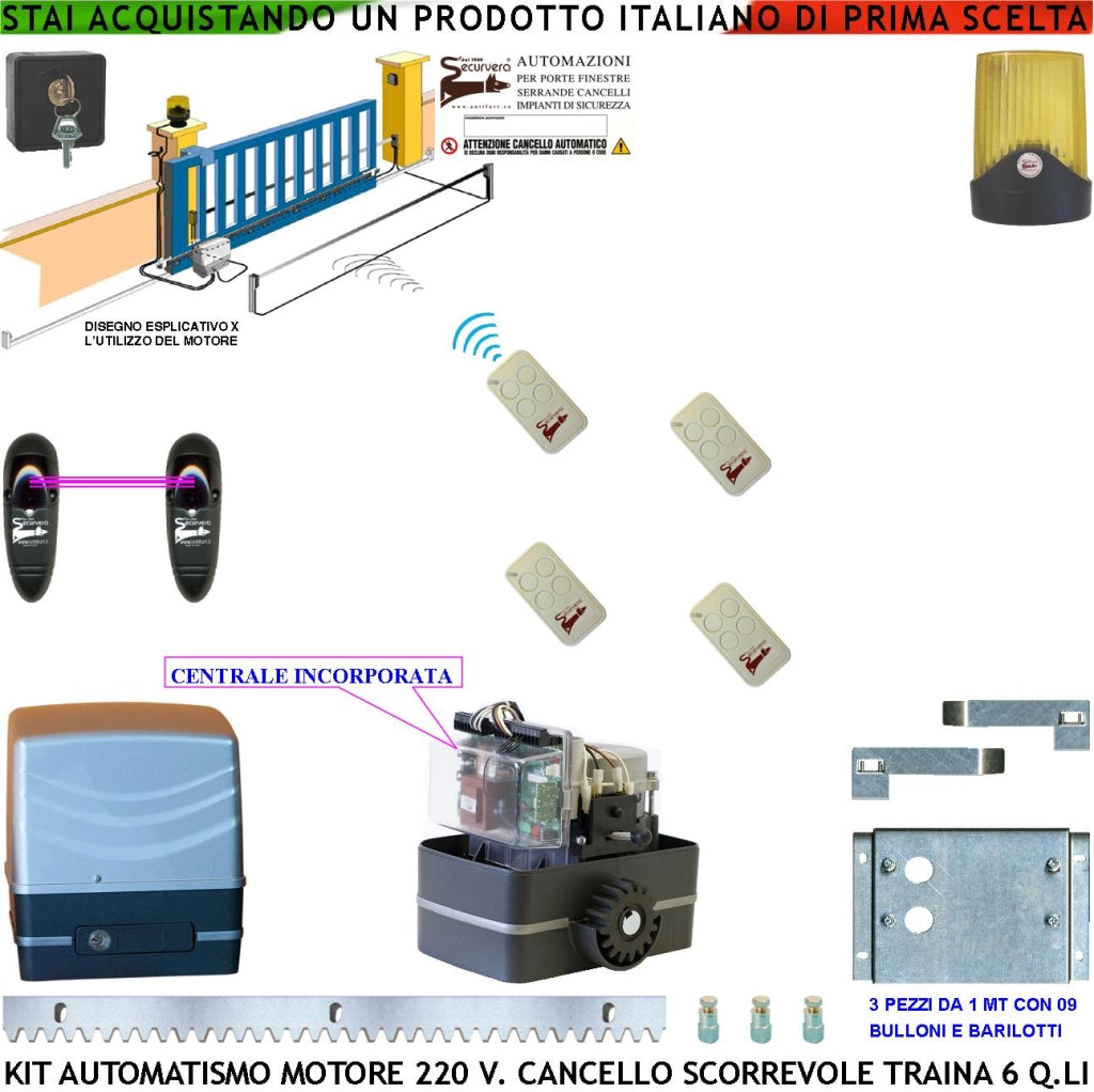 KIT AUTOMATISMO CANCELLO SCORREVOLE DA 3 MT MOTORE 220 V CON CENTRALE TRAINA 6 Q.LI 4 RADIOCOMANDI FARO ANTENNA SELETTORE FOTOCELLULE