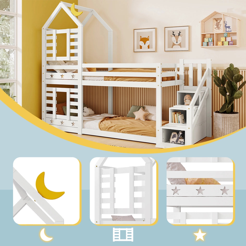 DESMIU Letto a castello per bambini 90 × 200 cm con cassetti, vano portaoggetti, senza materasso, in legno, bianco