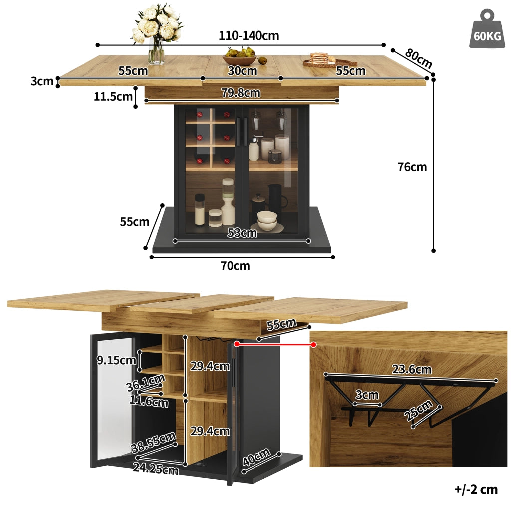 Tavolo da Pranzo per 4 a 6 Persone Allungabile con Portabottiglie Estraibile e Anta in Vetro Nero