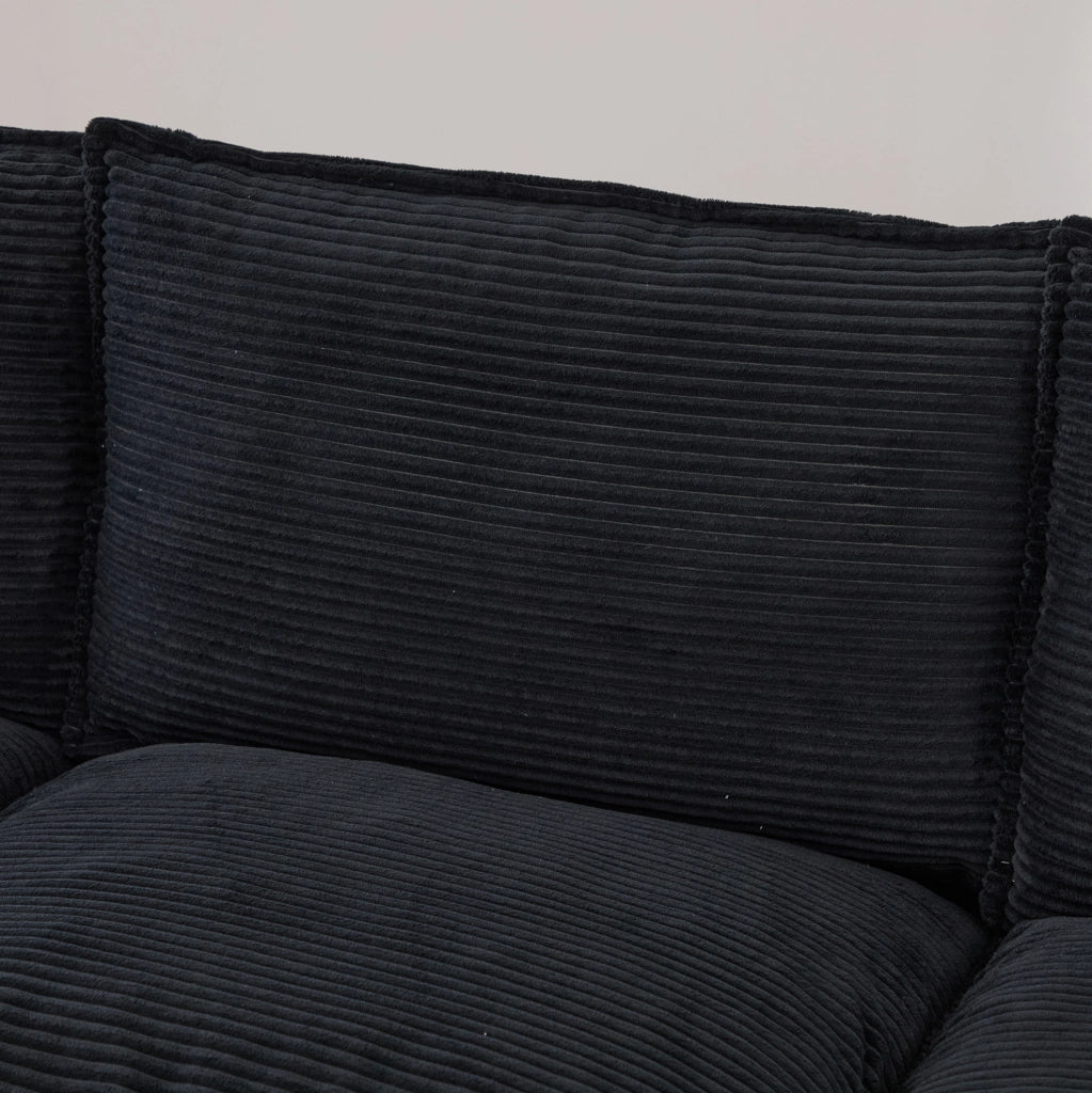 Divano modulare a 3 posti con pouf contenitore; in corduroy nero; 260 cm; con USB-C