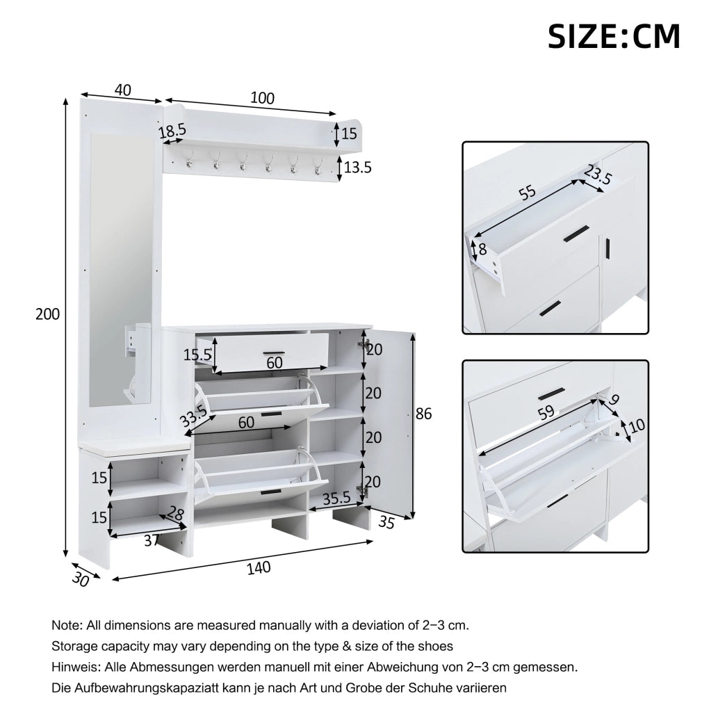 Mobile guardaroba da ingresso con panca, specchio e scarpiera, bianco, 140x30x200 cm